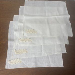 Vintage Ivory Cloth Napkins Linen Embroidered Leaf Applique Tea Towel Set 4